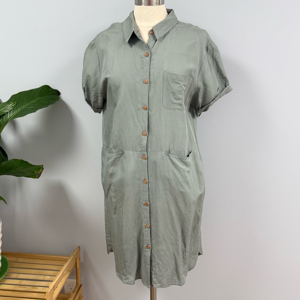 NWT Movint Linen & Tencel Shirt Dress L Sage Green Minimalist Full Button Up